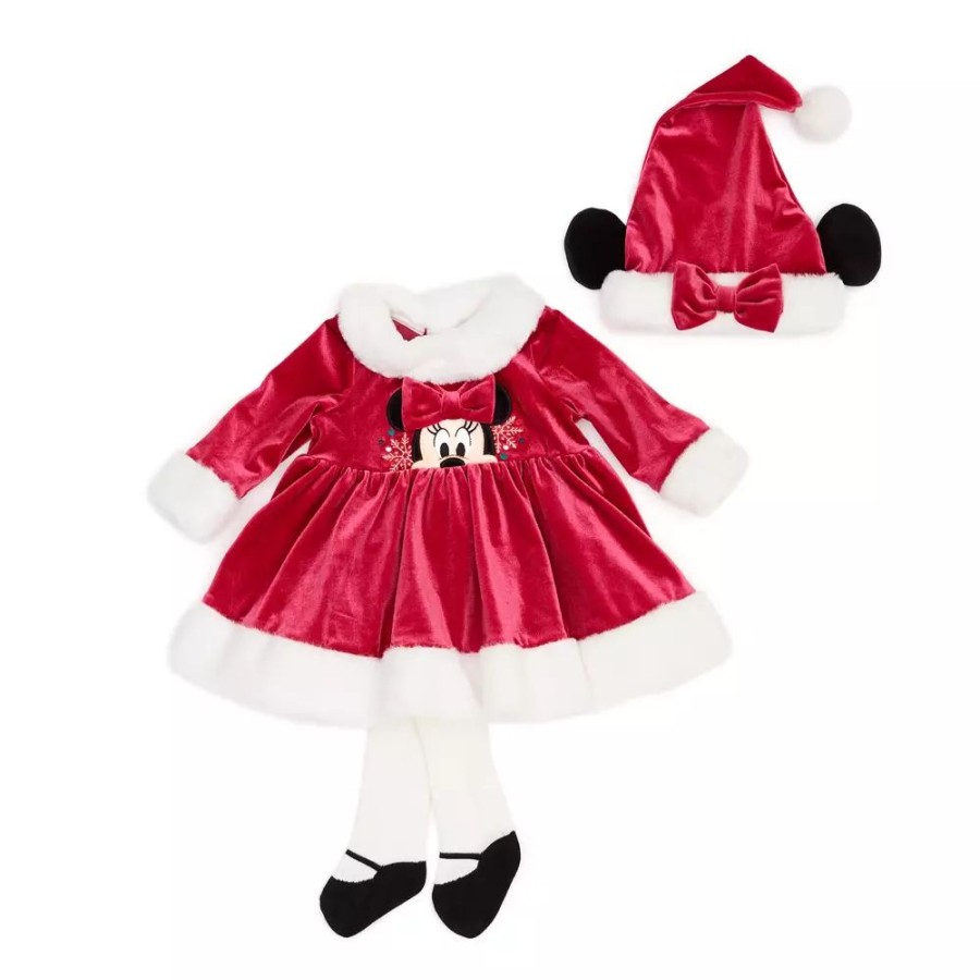 Moda Disney Ropa De Bebe | Conjunto Navideno De Vestido, Gorro Y Leotardos Minnie Mouse Para Bebe